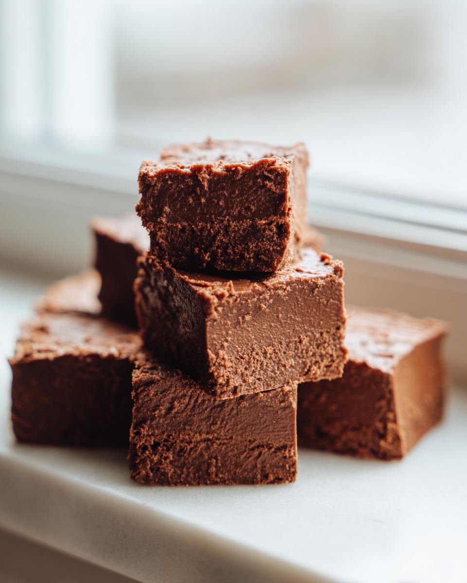 A stack of rich, dark chocolate fudge squares showing a creamy texture, set against a bright window background.