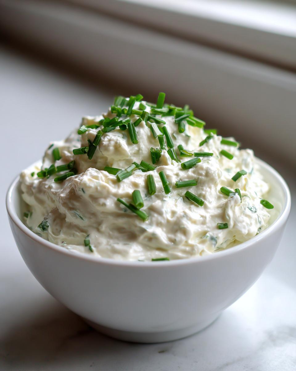 A white bowl filled with creamy clam dip, generously topped with freshly chopped green chives.