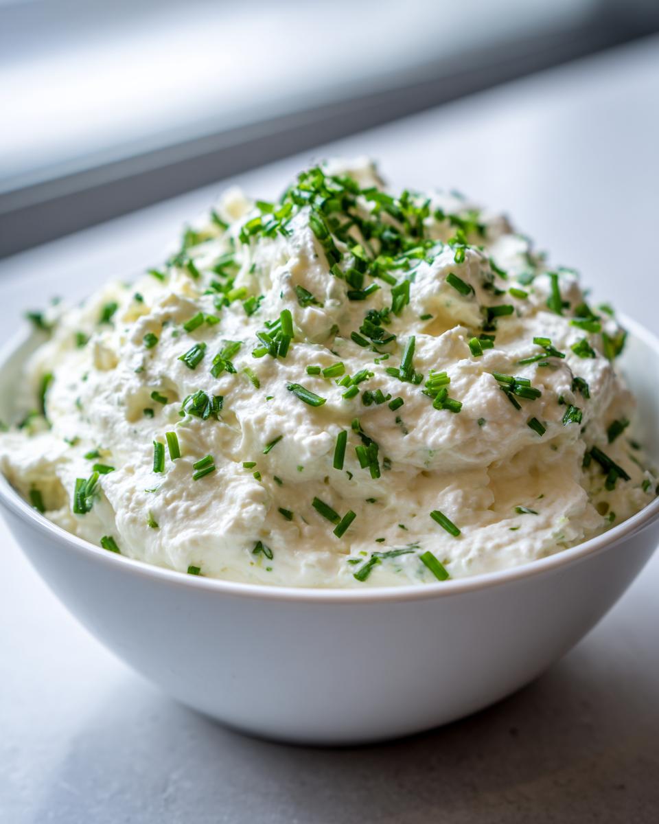 A white bowl filled with fluffy, creamy clam dip generously topped with freshly chopped green chives.
