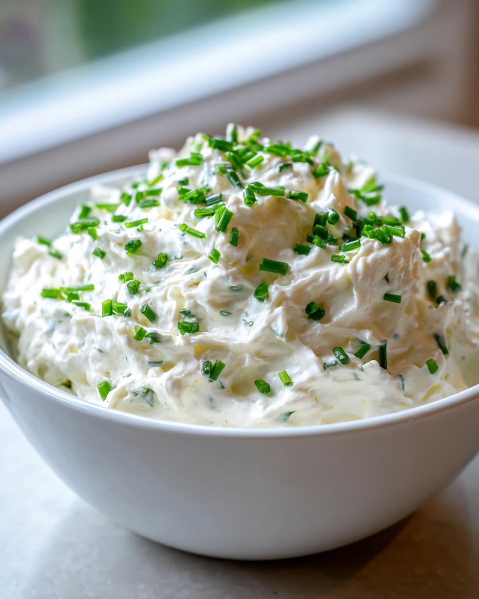 A close-up of a white bowl filled with creamy clam dip, generously garnished with freshly chopped green chives.