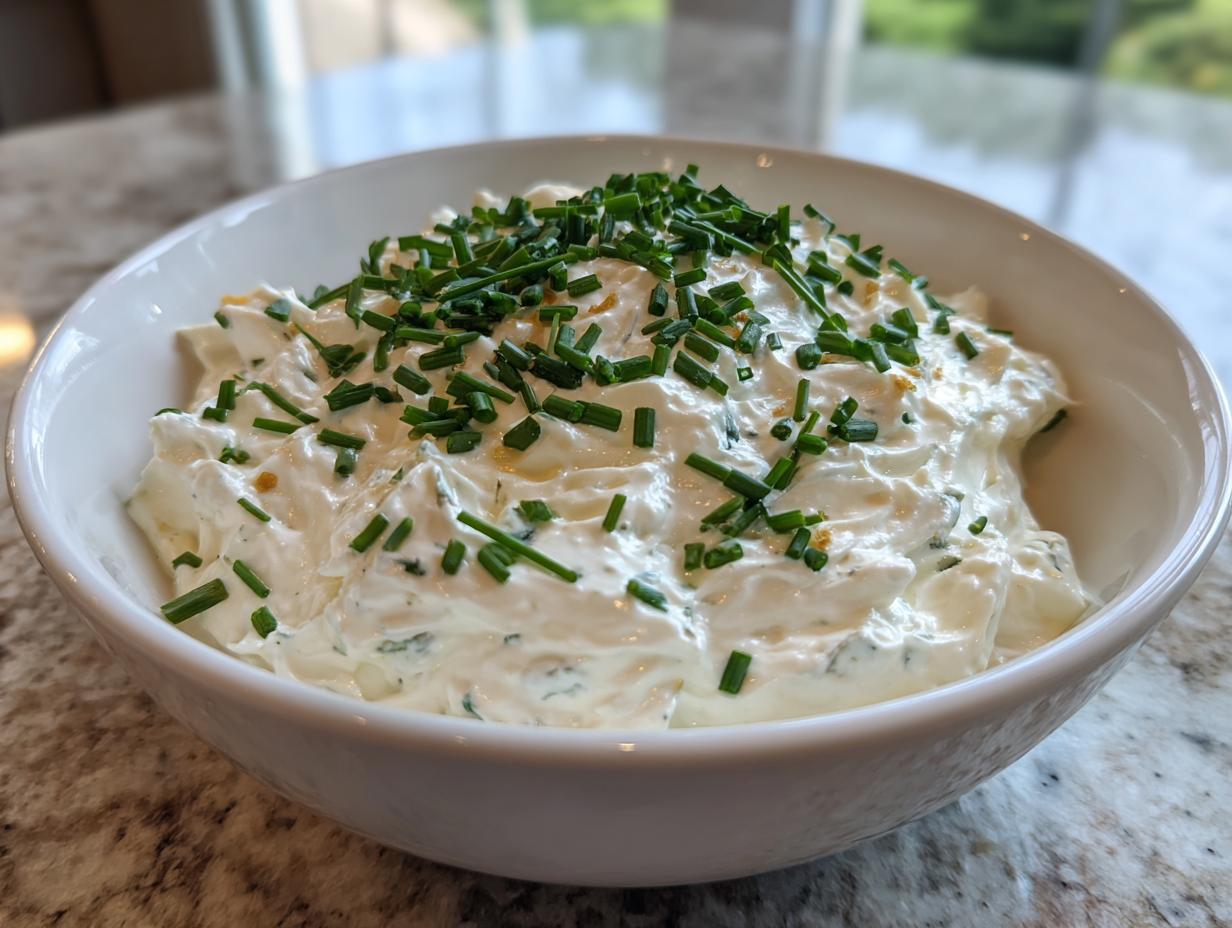 A white bowl filled with creamy clam dip, generously garnished with freshly chopped green chives.