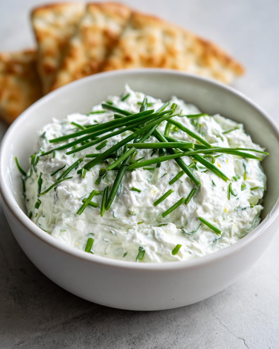 A white bowl filled with creamy clam dip, garnished generously with fresh green chives, with pita bread blurred in the background.