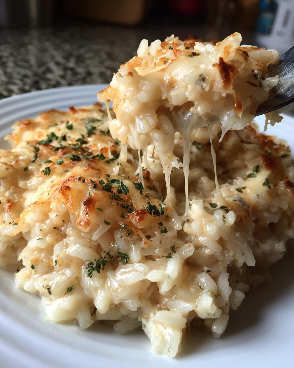A spoonful of creamy french onion butter rice showing a dramatic cheese pull, topped with melted, browned cheese and herbs.