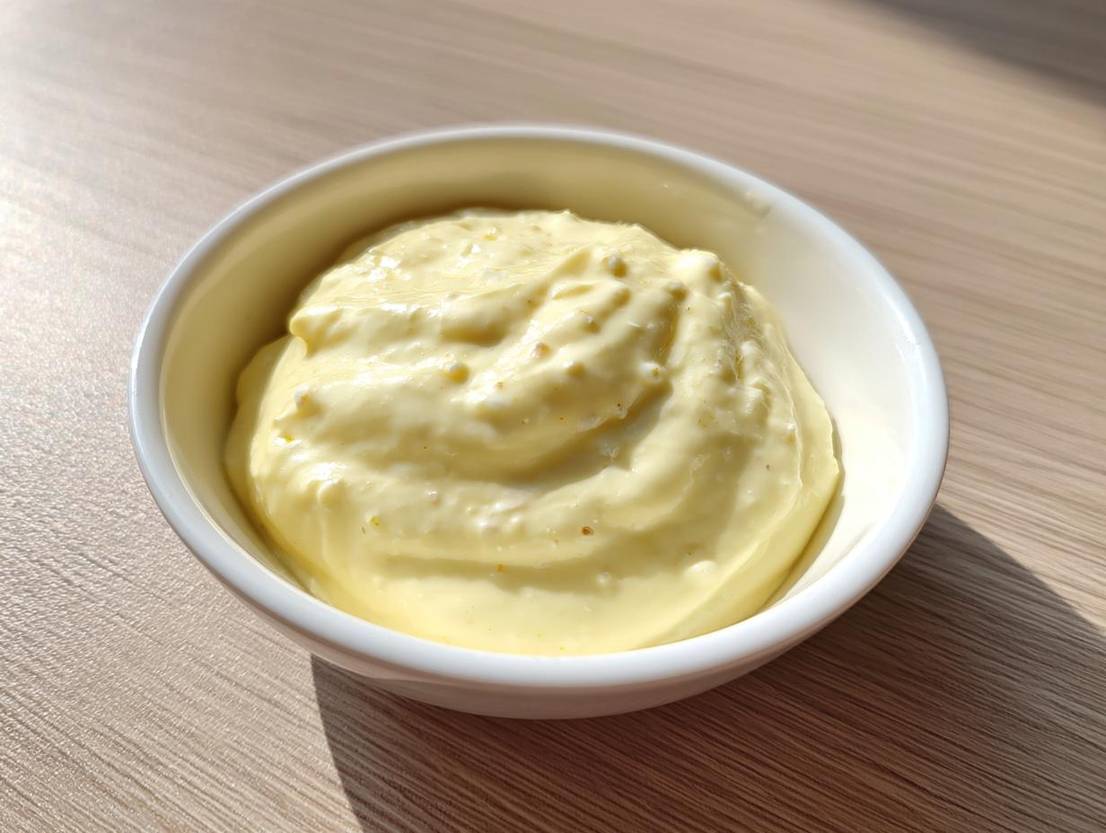 A close-up of thick, creamy, pale yellow homemade garlic aioli served in a small white bowl.