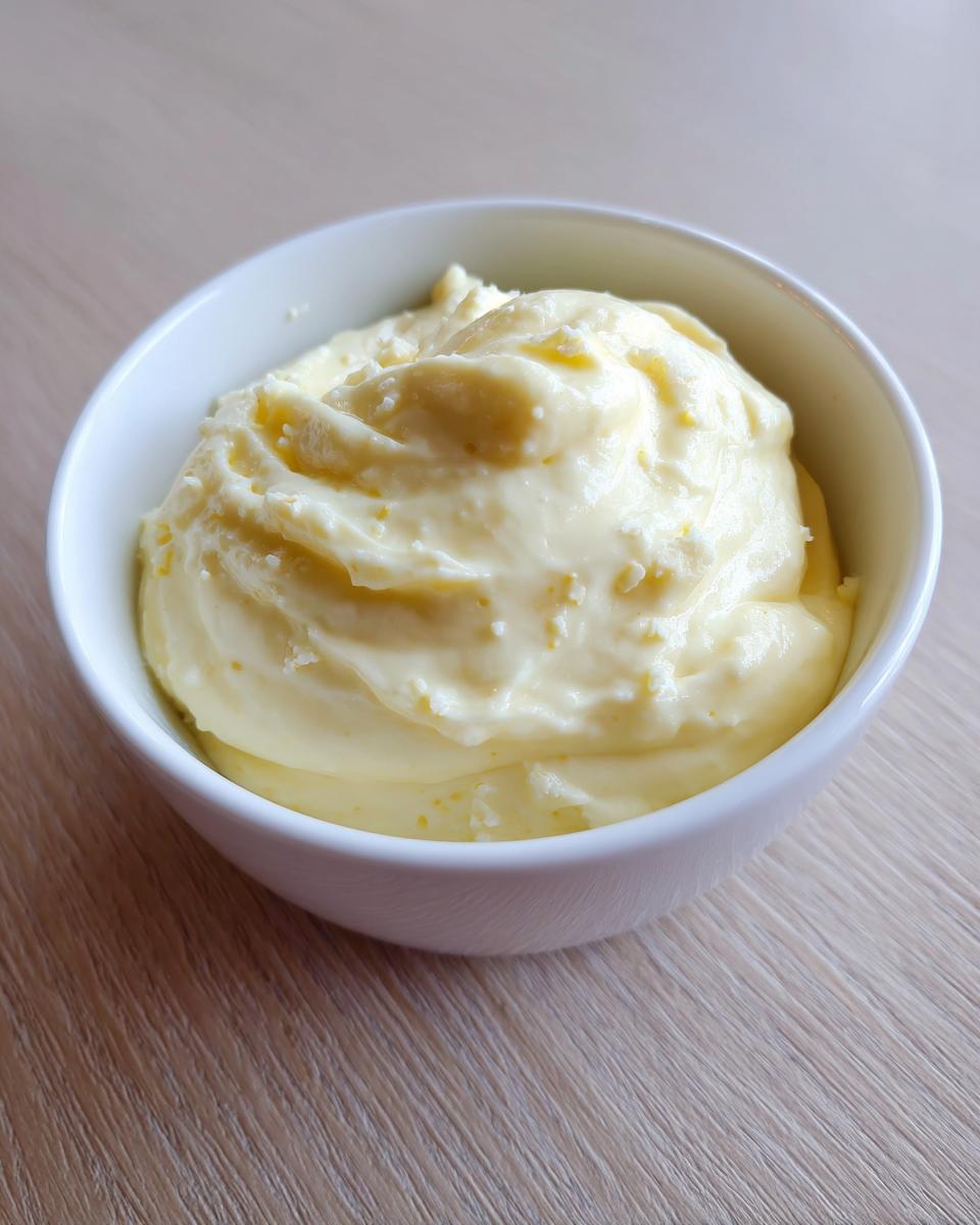 A white bowl filled with thick, creamy, pale yellow homemade garlic aioli.