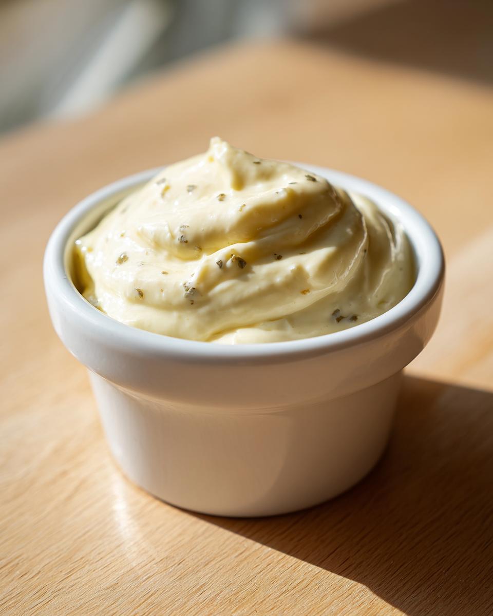 A close-up of thick, creamy homemade garlic aioli speckled with herbs, served in a small white bowl.
