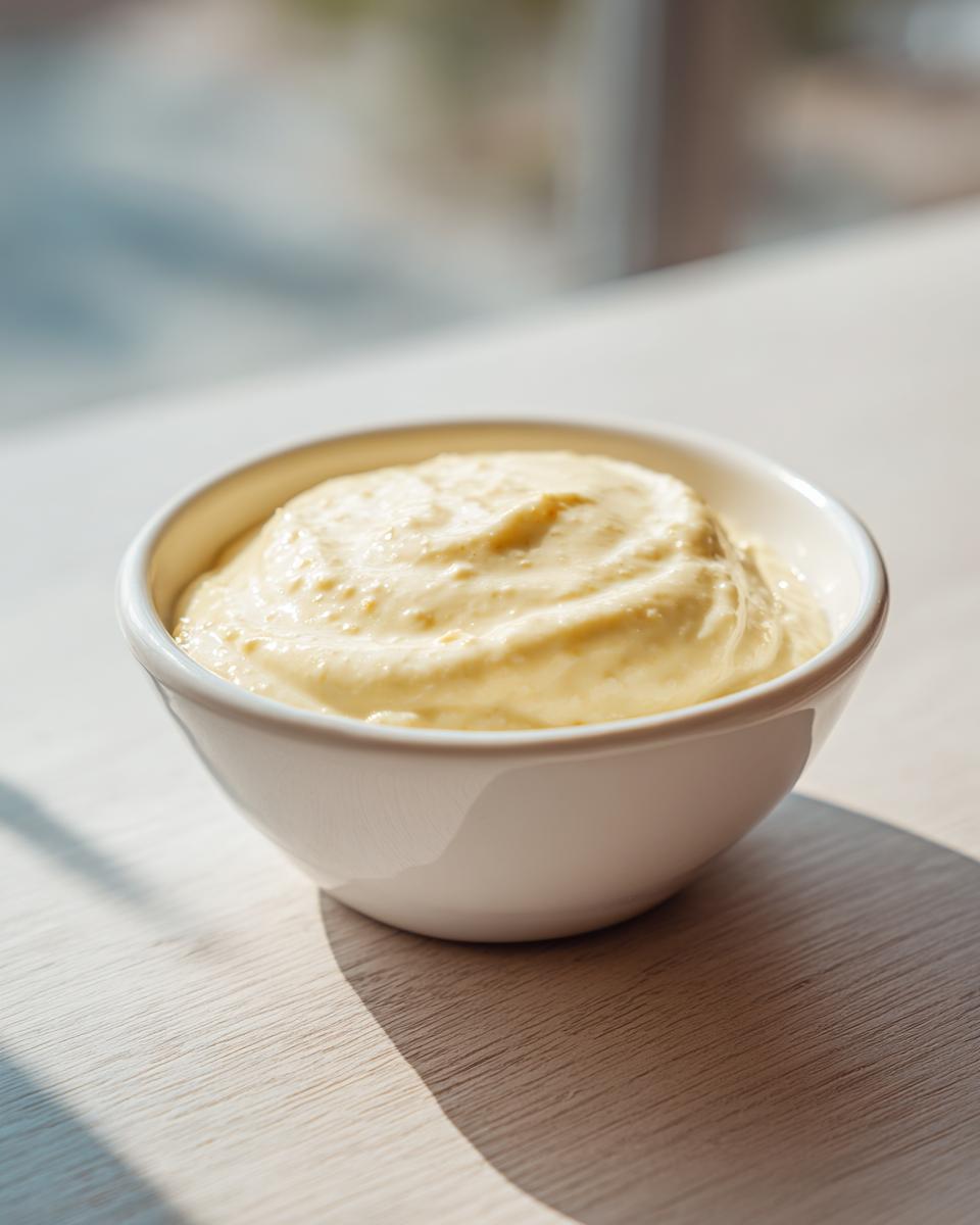A close-up of thick, creamy, pale yellow homemade garlic aioli served in a small white bowl.