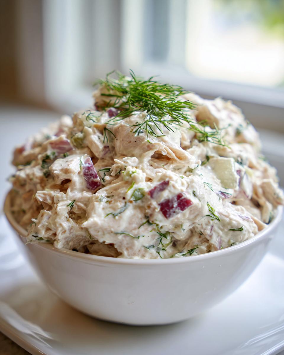 A close-up of a white bowl filled with creamy greek yogurt chicken salad, topped with fresh dill.