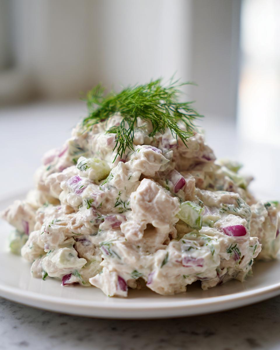 A mound of creamy greek yogurt chicken salad mixed with red onion and cucumber, topped with fresh dill.
