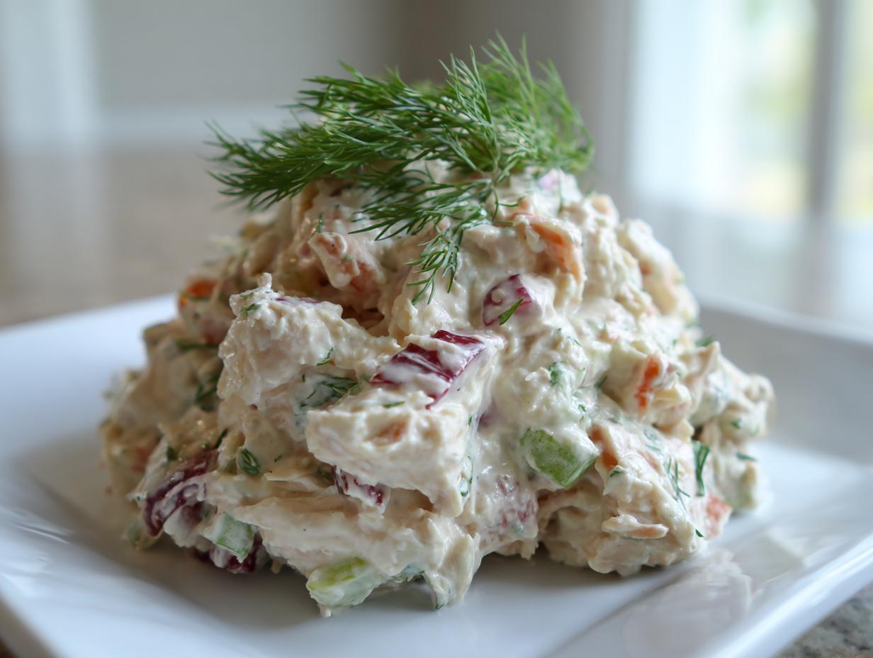 A mound of creamy greek yogurt chicken salad mixed with chopped vegetables and topped with fresh dill on a white plate.