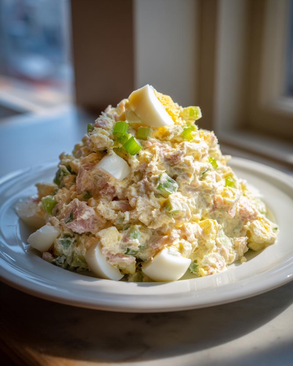 A mound of creamy ham salad recipe garnished with chopped green onions and hard-boiled egg wedges on a white plate.