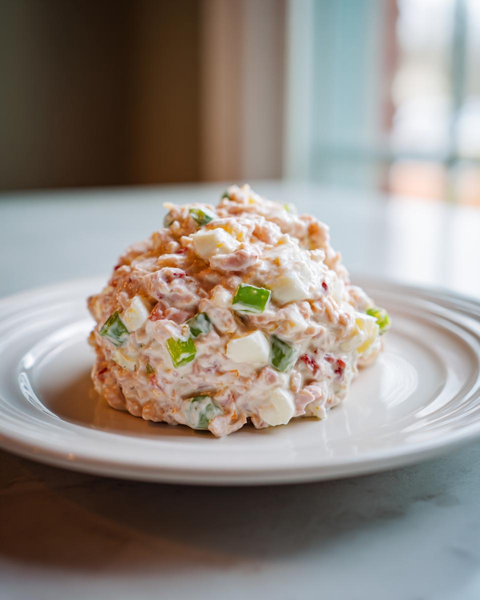 A mound of creamy ham salad recipe mixed with chopped eggs and green peppers served on a white plate.