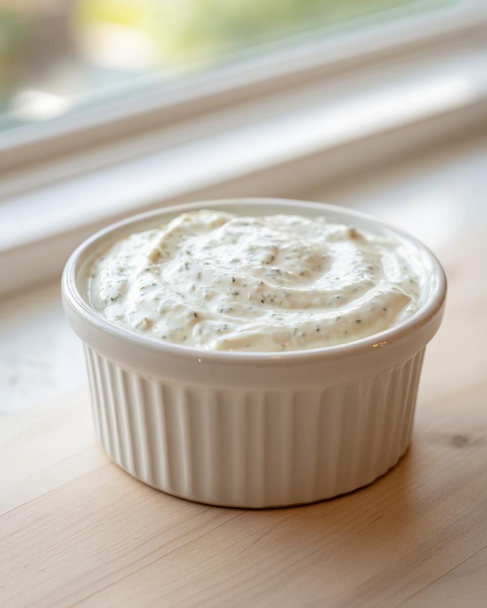 A white fluted ramekin filled with thick, white creamy horseradish sauce speckled with herbs.