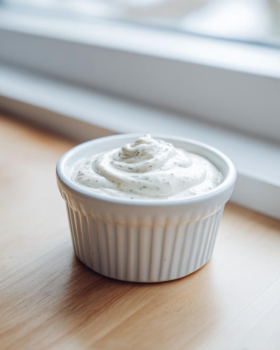 A small white ramekin filled with thick, creamy horseradish sauce, sitting on a wooden surface near a window.
