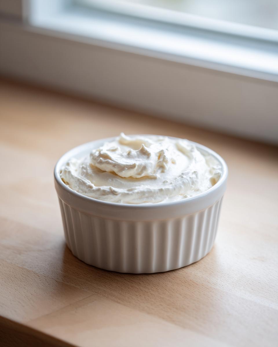 A white, fluted ramekin filled with freshly made creamy horseradish sauce, sitting on a light wooden surface near a window.