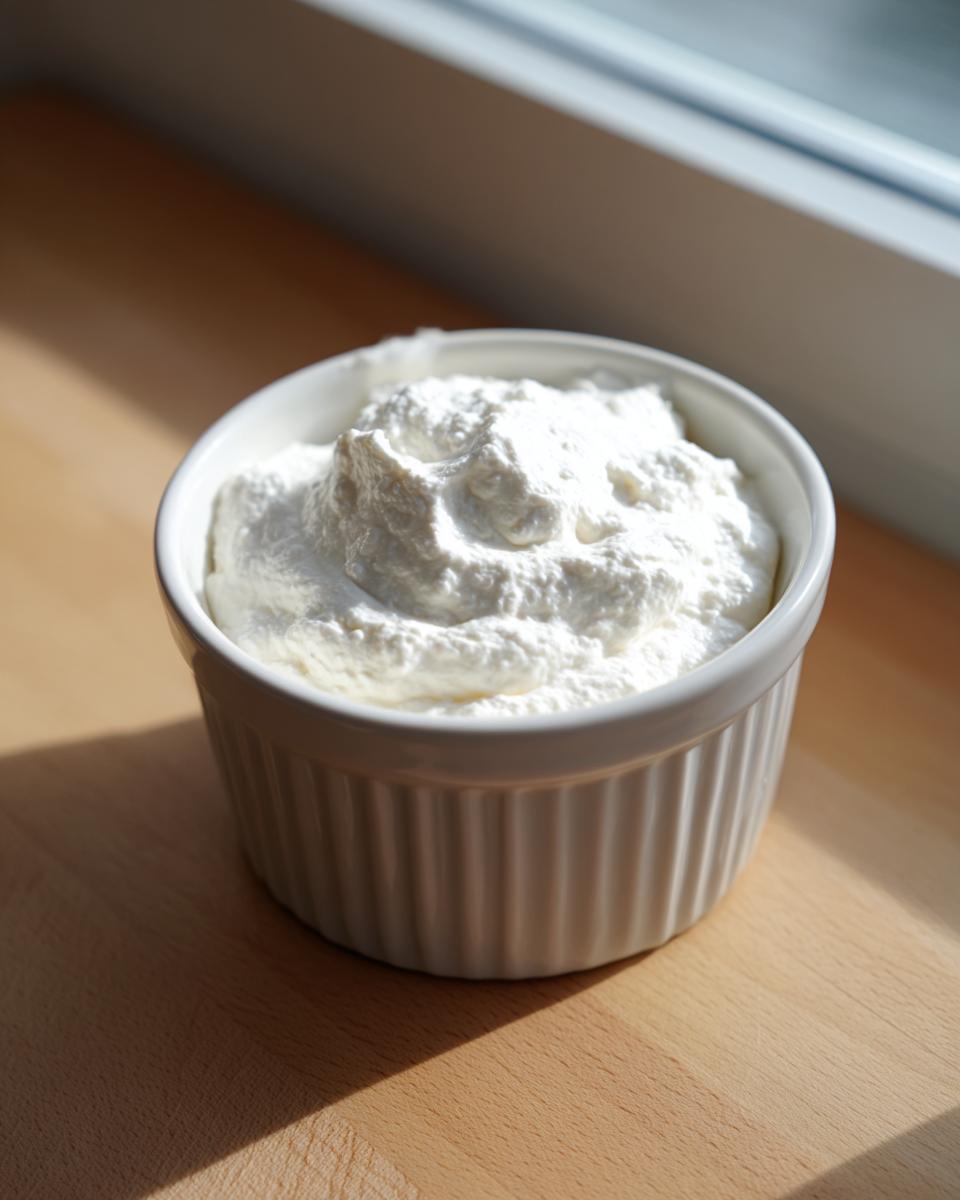 A white, fluted ramekin filled with thick, white creamy horseradish sauce, sitting on a wooden surface near a window.