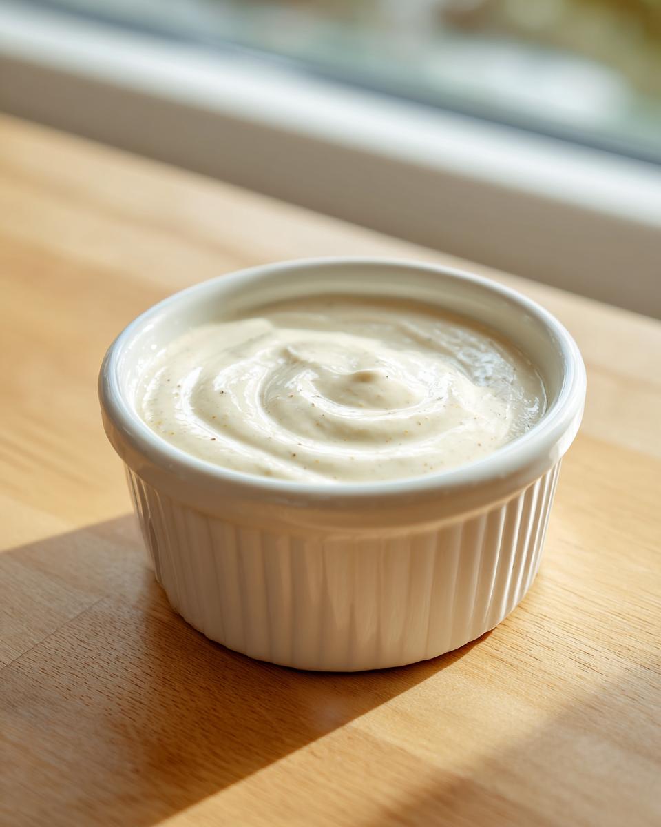 A small white ramekin filled with creamy homemade horseradish sauce, sitting on a sunny wooden surface.