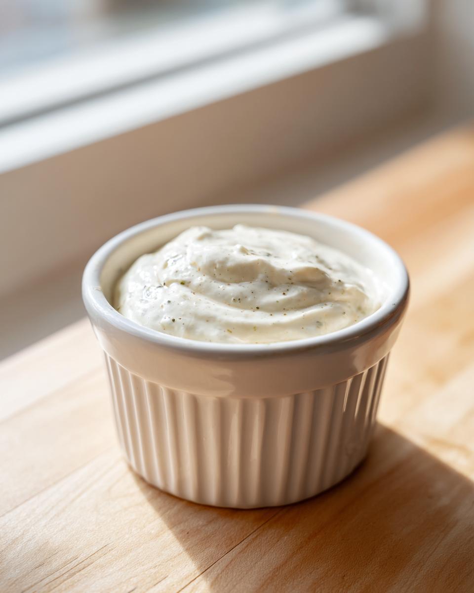 A small white ramekin filled with creamy, white horseradish sauce, sitting on a wooden surface near a window.