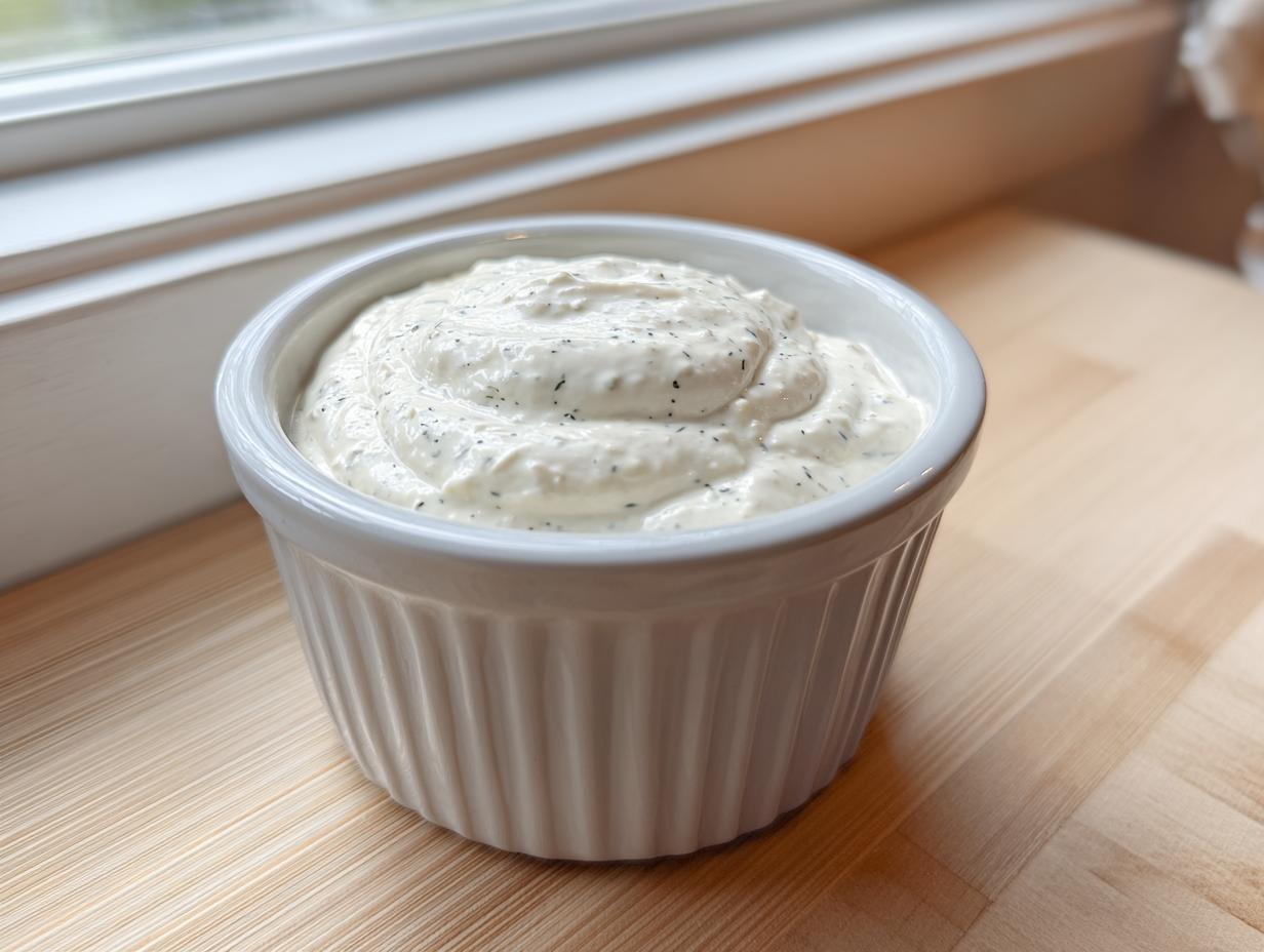 A small white ramekin filled with thick, creamy horseradish sauce speckled with dark herbs, sitting on a wooden counter near a window.