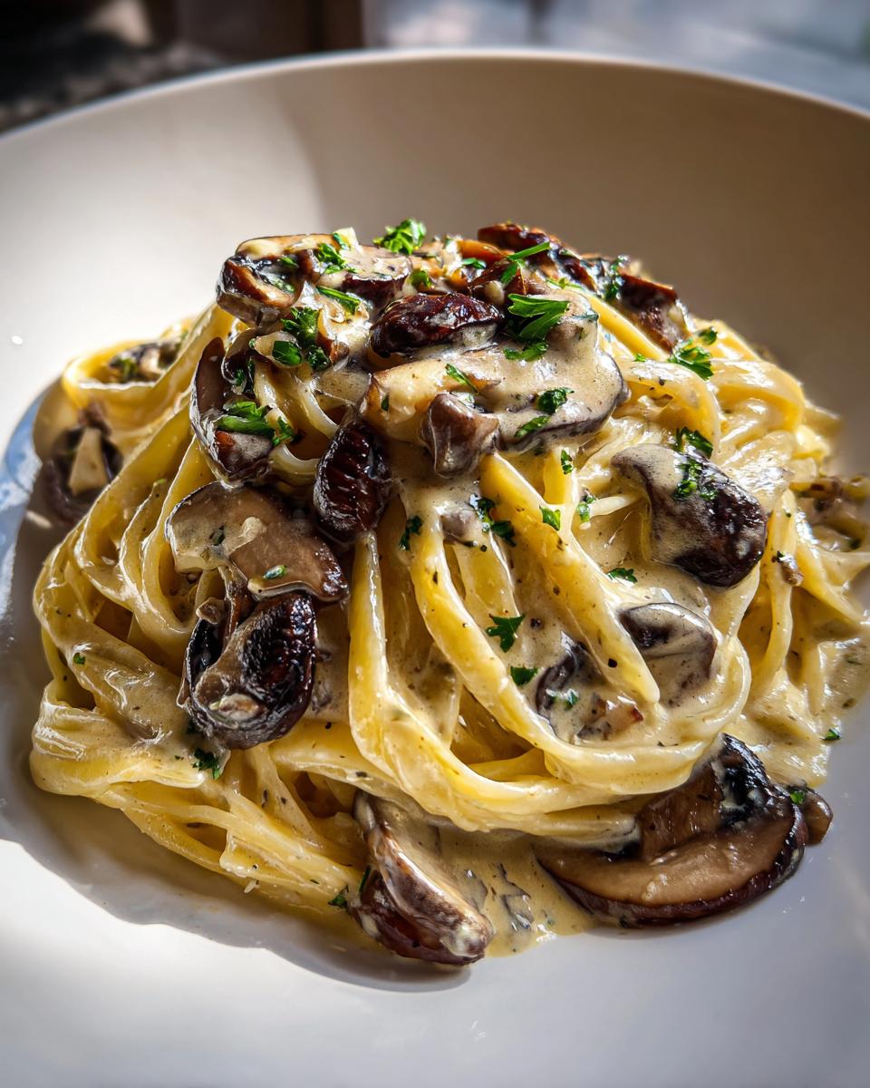 A close-up, brightly lit serving of creamy mushroom pasta tossed with rich sauce and garnished with fresh parsley.