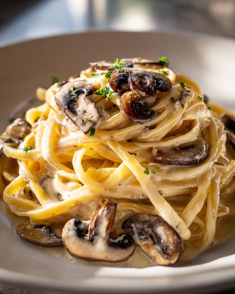 Close-up of creamy mushroom pasta featuring fettuccine coated in a rich white sauce and topped with sautéed mushroom slices.