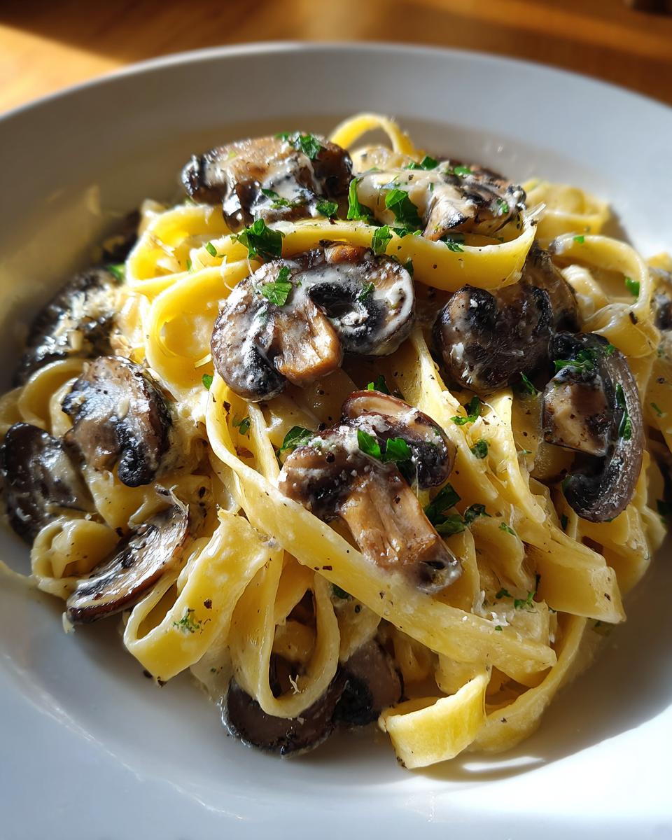 Close-up of creamy mushroom pasta featuring fettuccine noodles, sautéed mushrooms, and parsley garnish.