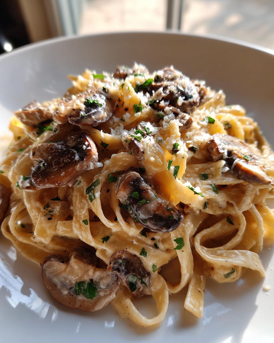 A close-up of creamy mushroom pasta featuring fettuccine noodles, sliced mushrooms, and grated Parmesan cheese.
