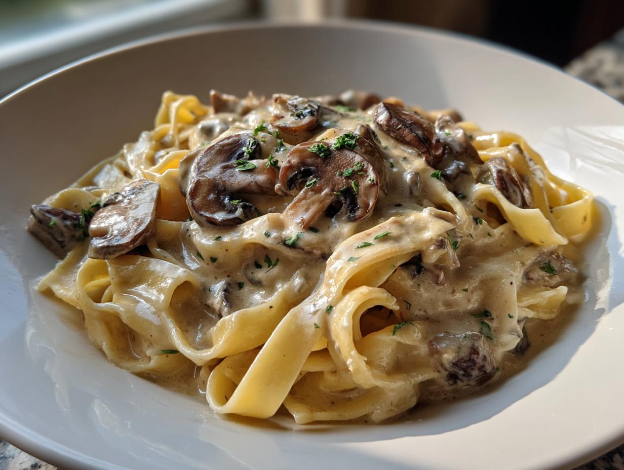 A close-up of creamy mushroom pasta featuring fettuccine noodles coated in a rich white sauce and topped with sliced mushrooms.