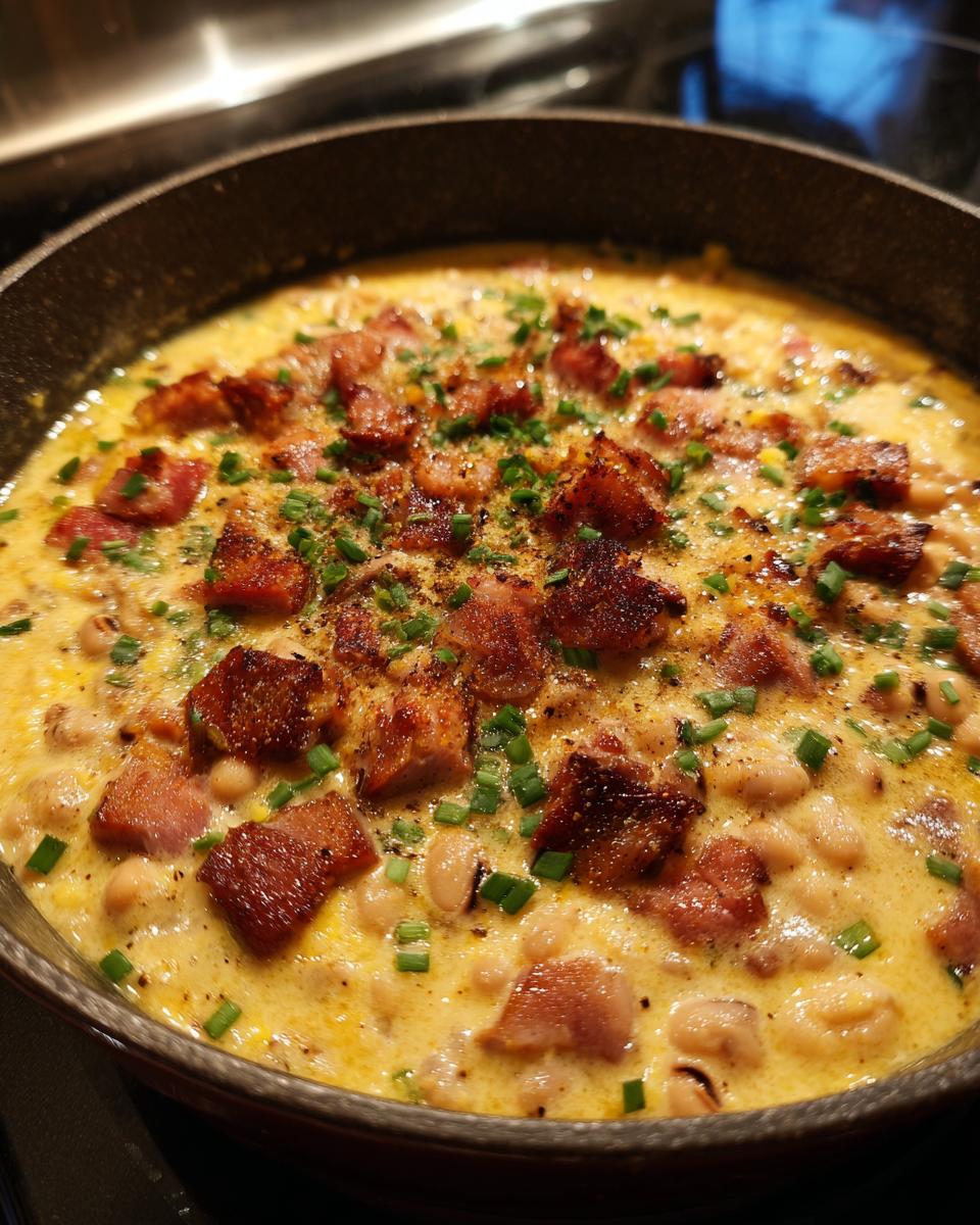 Close-up of creamy black eyed peas dish topped with crispy bacon pieces and fresh chives.