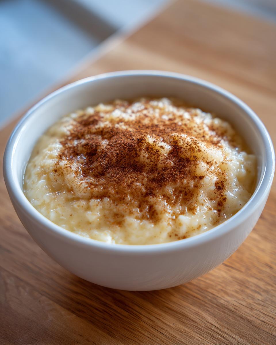 Close-up of creamy rice pudding in a white bowl, generously dusted with cinnamon.