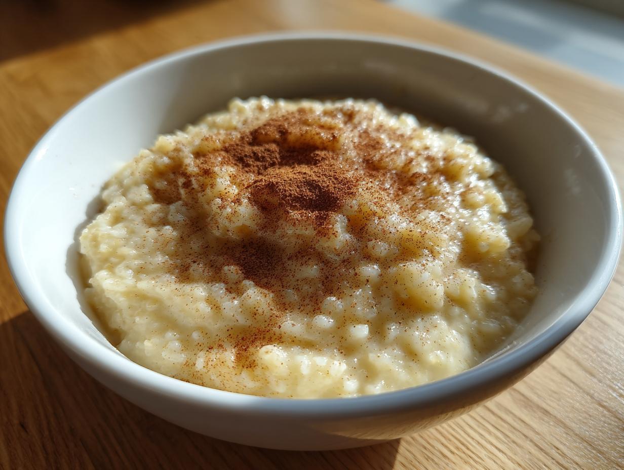 A close-up of creamy rice pudding in a white bowl, generously dusted with cinnamon.