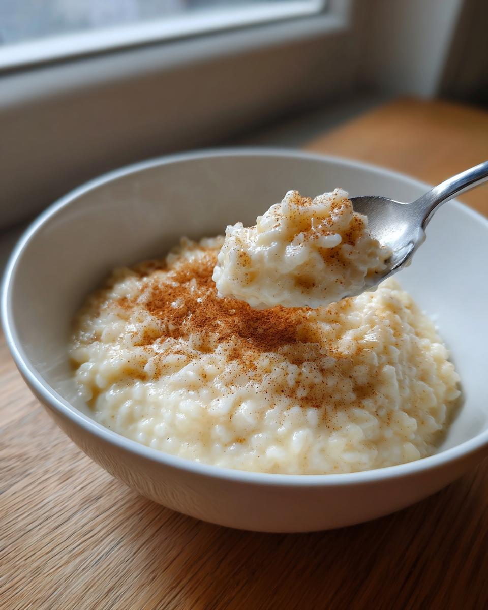 A spoonful of creamy rice pudding topped with cinnamon being lifted from a white bowl.