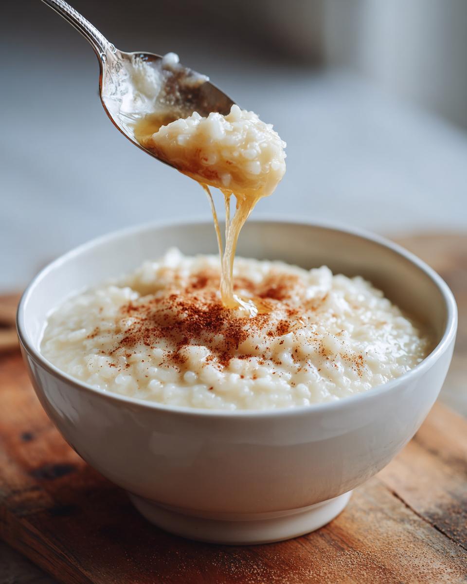 A spoonful of creamy rice pudding is being drizzled with honey over a bowl of rice pudding topped with cinnamon.