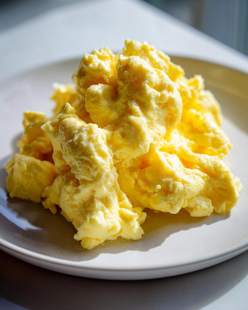 Close-up of fluffy, creamy scrambled eggs piled high on a light-colored plate, highlighting the texture.