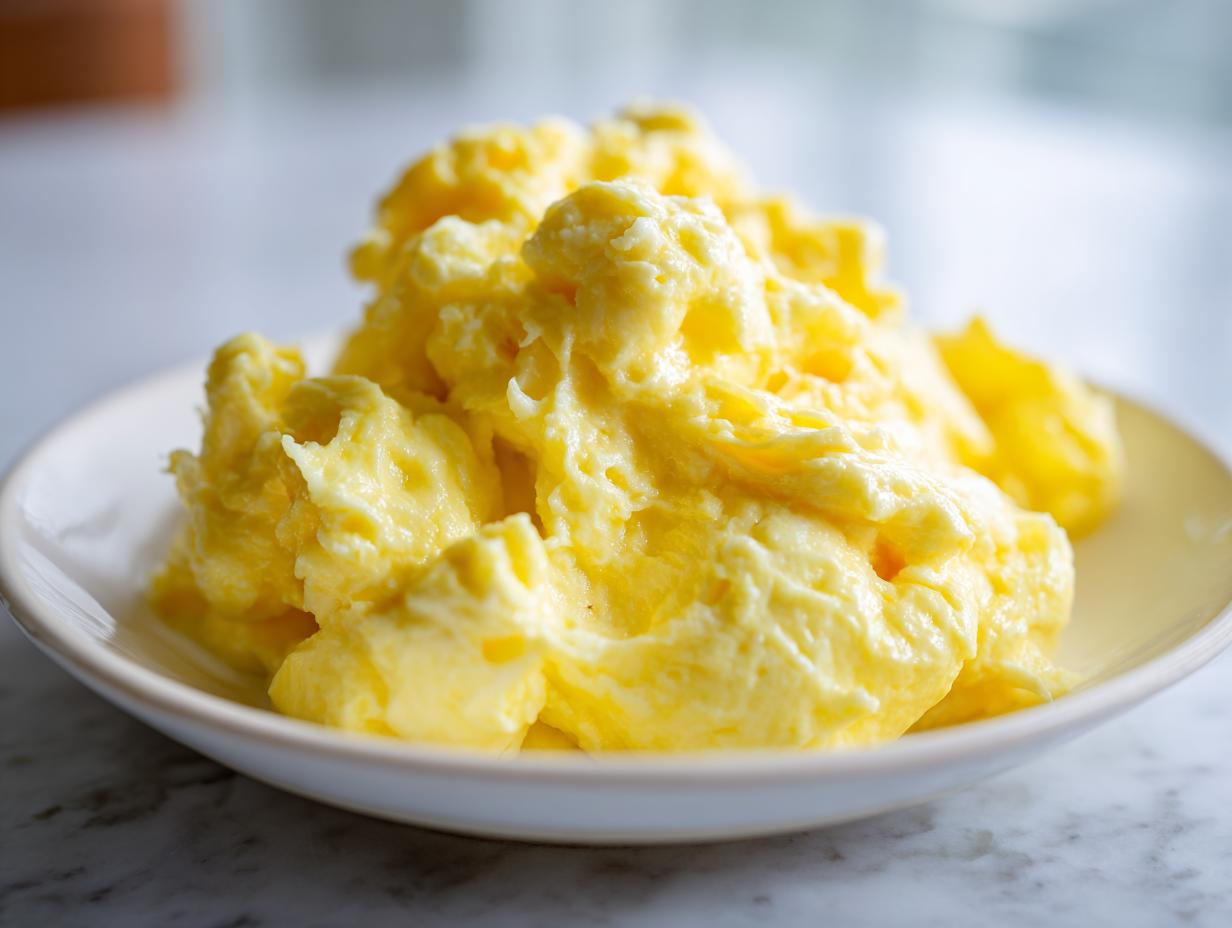Close-up of fluffy, creamy scrambled eggs piled high on a small white plate.