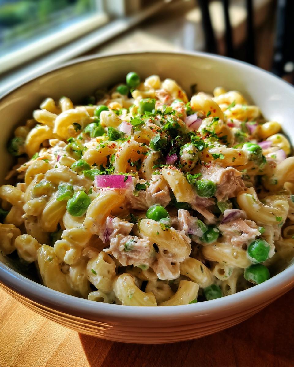 Close-up of a creamy Tuna pasta salad in a bowl, featuring elbow macaroni, tuna chunks, green peas, and topped with chopped red onion and parsley.