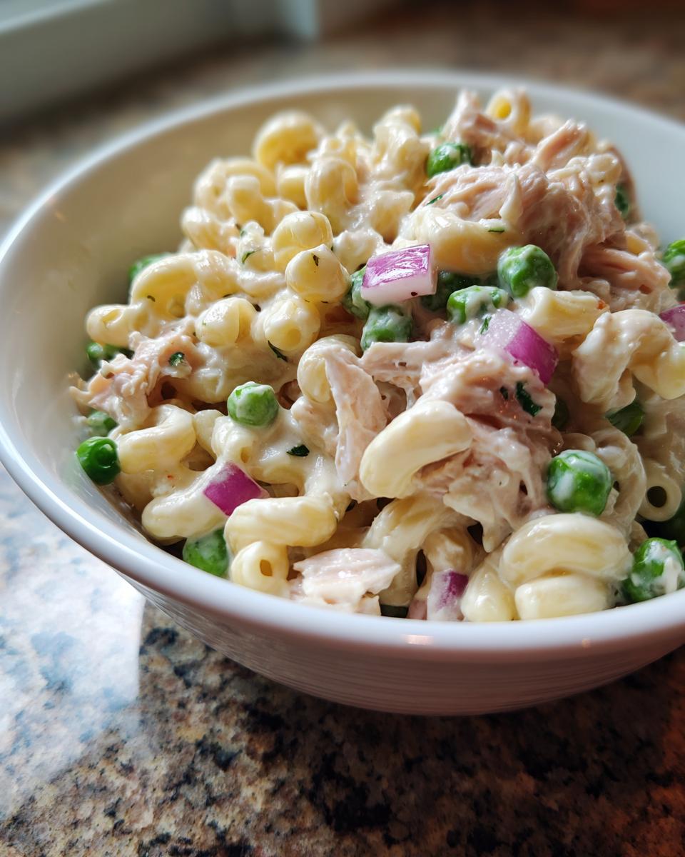 Close-up of creamy Tuna pasta salad with elbow macaroni, tuna chunks, green peas, and red onion in a white bowl.