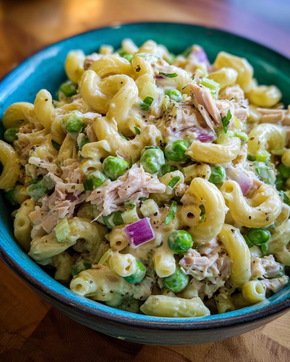 Close-up of creamy Tuna pasta salad featuring elbow macaroni, flaked tuna, bright green peas, and diced red onion in a blue bowl.
