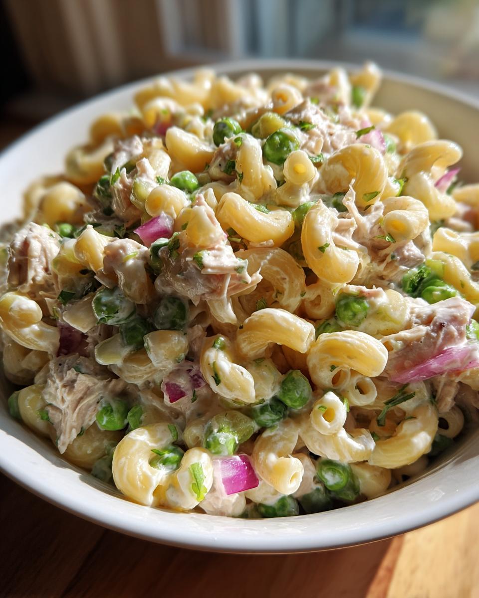 Close-up of creamy tuna pasta salad made with elbow macaroni, green peas, red onion, and tuna.