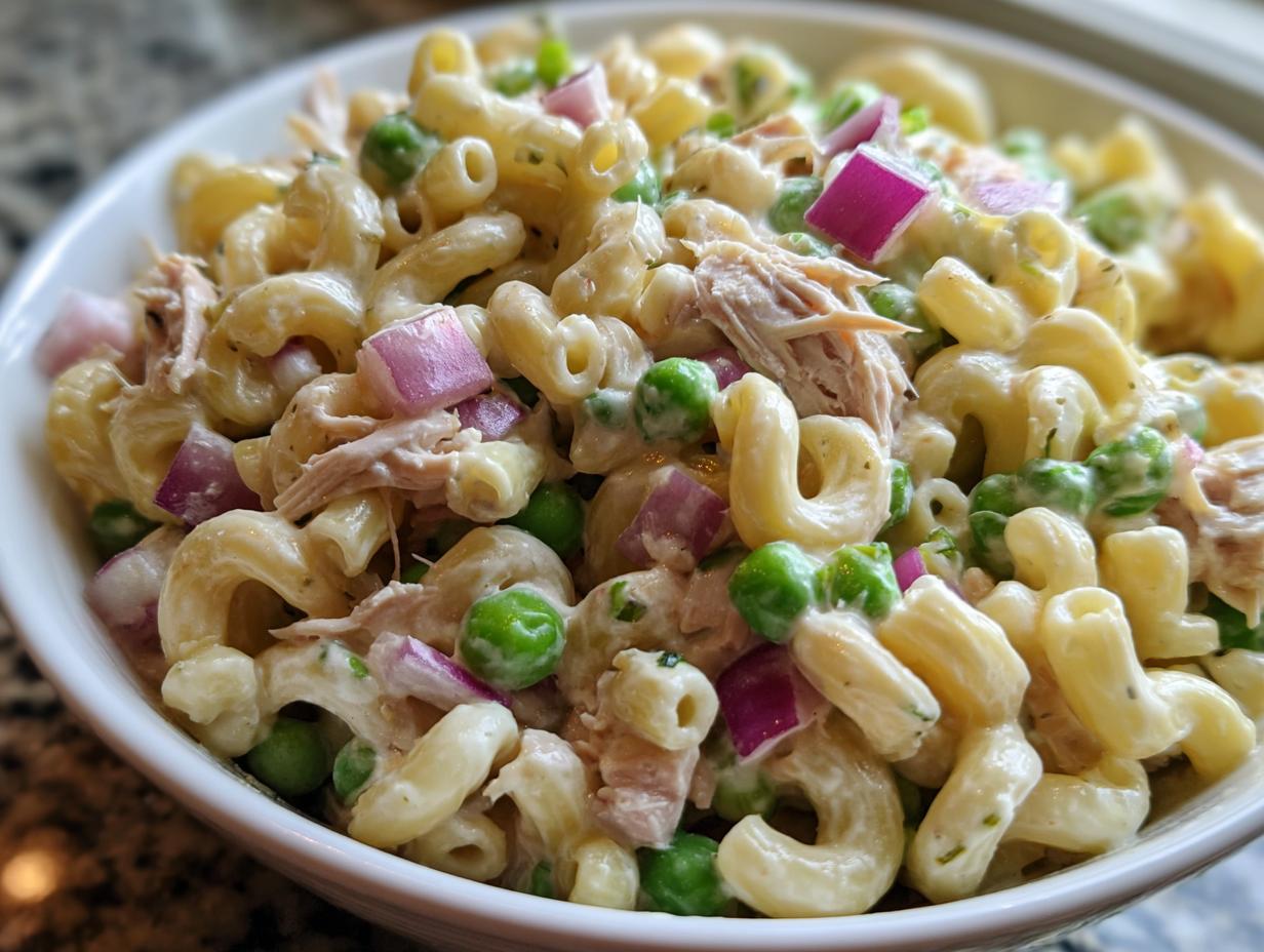 A close-up shot of creamy Tuna Pasta Salad featuring elbow macaroni, bright green peas, chunks of tuna, and diced red onion in a white bowl.