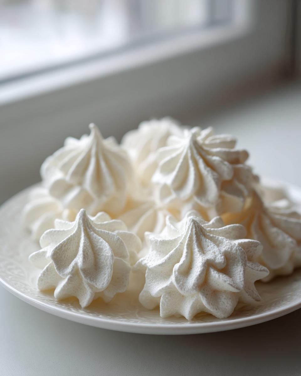 A close-up of several perfectly piped, crisp white meringue cookies arranged on a decorative white plate.