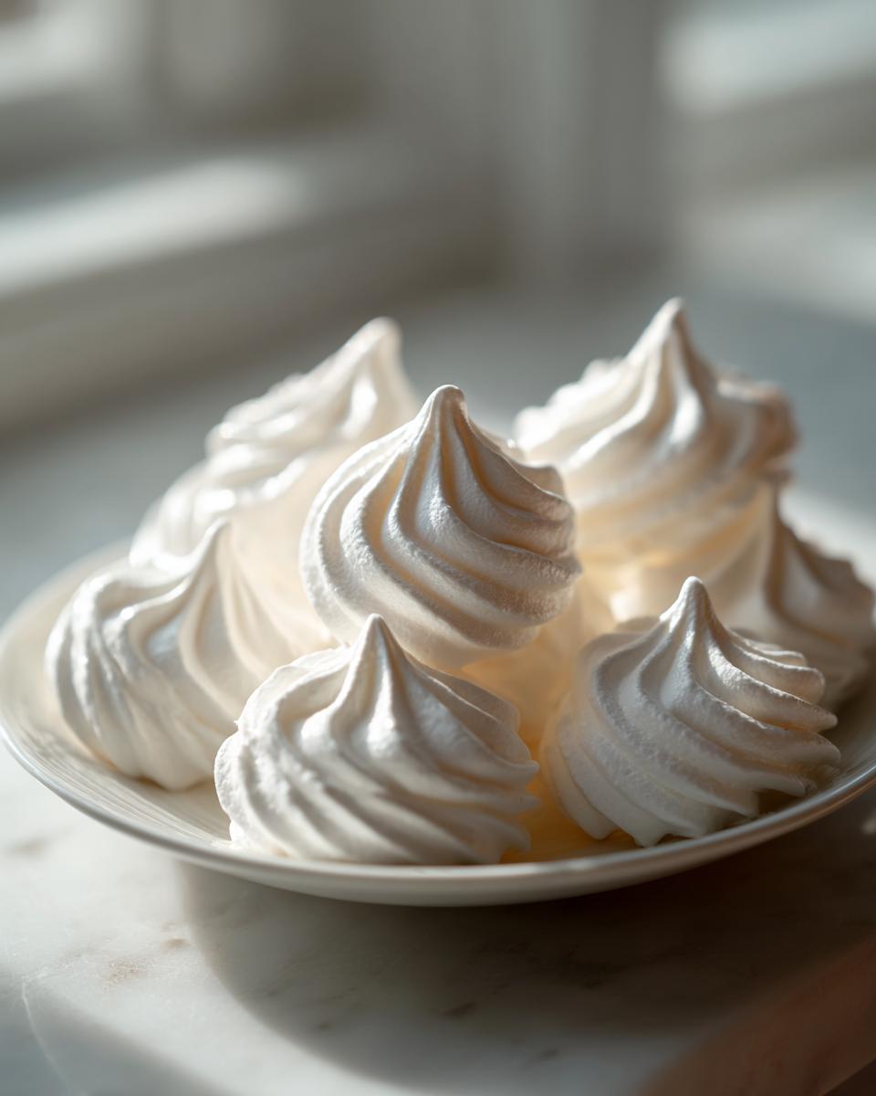 A close-up of several crisp, white meringue cookies piped into tall swirls, resting on a small white plate.
