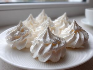 Close-up of several crisp, white meringue cookies piped into swirls, resting on a white ridged plate.