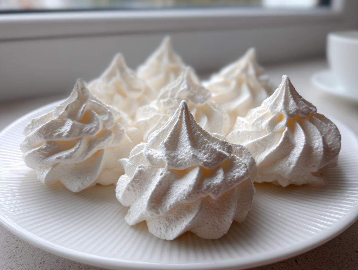 Close-up of several crisp, white meringue cookies piped into swirls, resting on a white ridged plate.