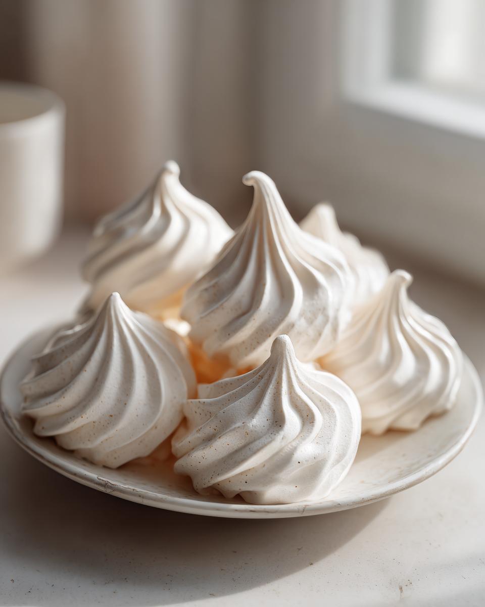 A close-up of several perfectly piped, crisp white meringue cookies arranged on a small, light-colored plate.