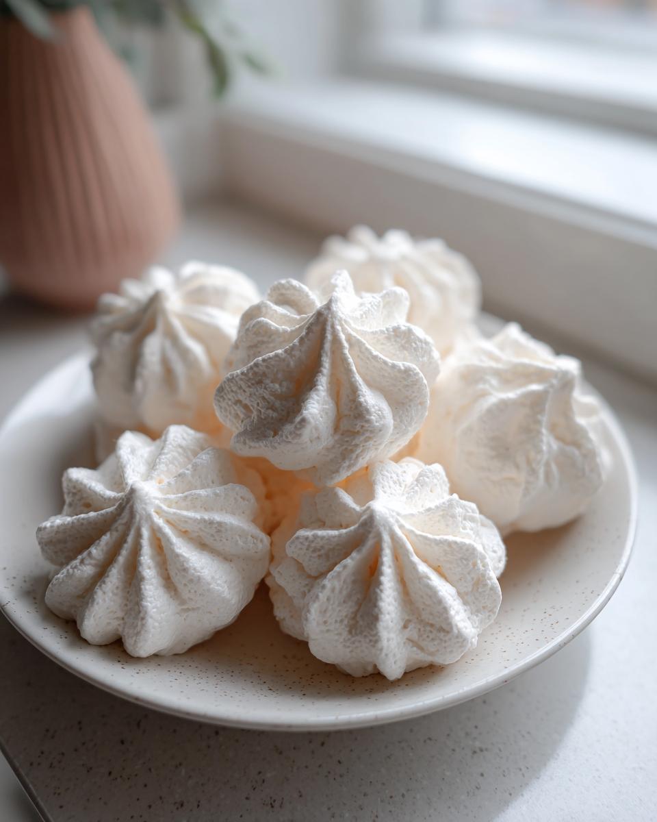 A close-up of several crisp, white meringue cookies piped into star shapes, resting on a speckled white plate.