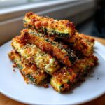 A stack of golden brown, crispy baked parmesan zucchini sticks piled high on a white plate.