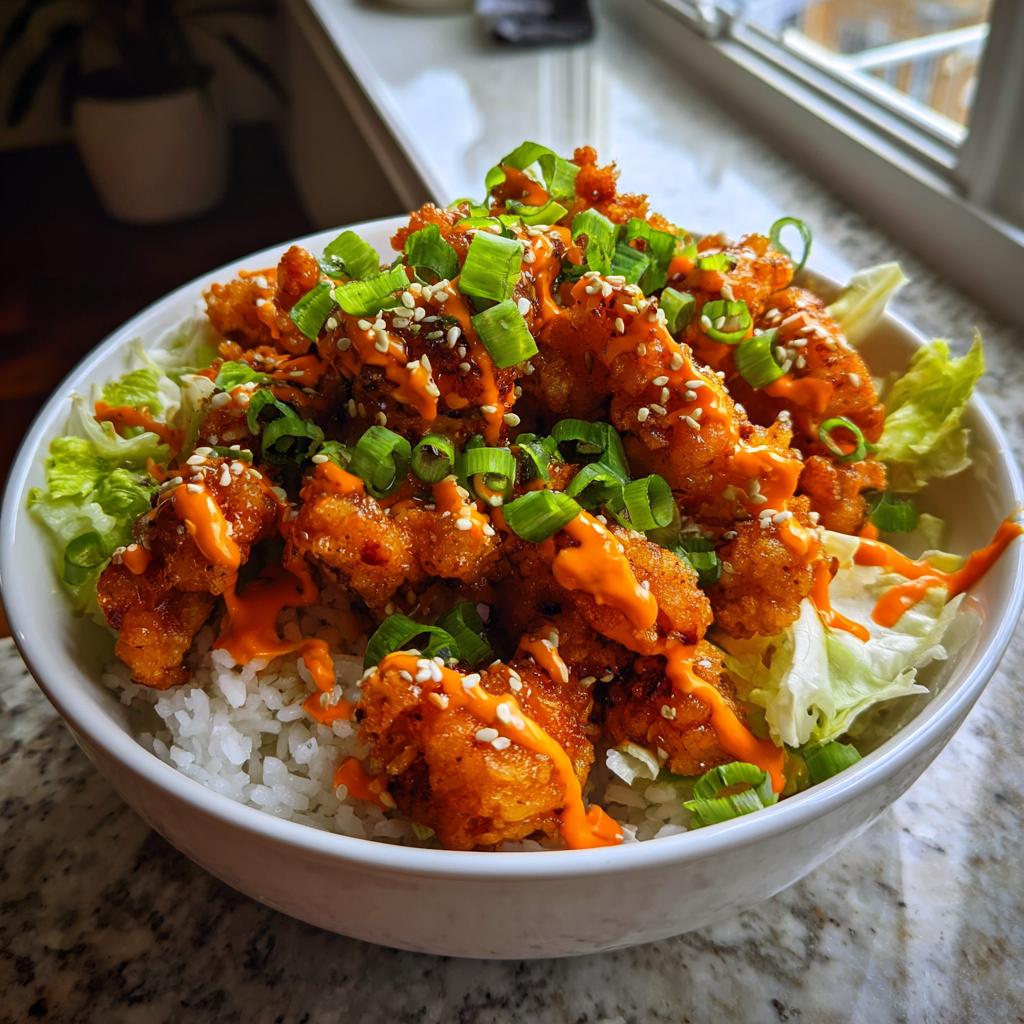 A close-up of a bowl filled with white rice, lettuce, and crispy bang bang chicken drizzled with orange sauce and topped with green onions.