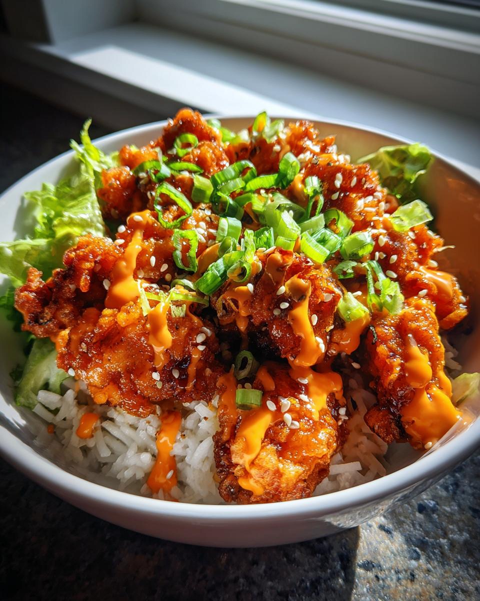 Close-up of a bowl filled with white rice topped with crispy, sauced Bang Bang Chicken, drizzled with orange sauce, and garnished with green onions.