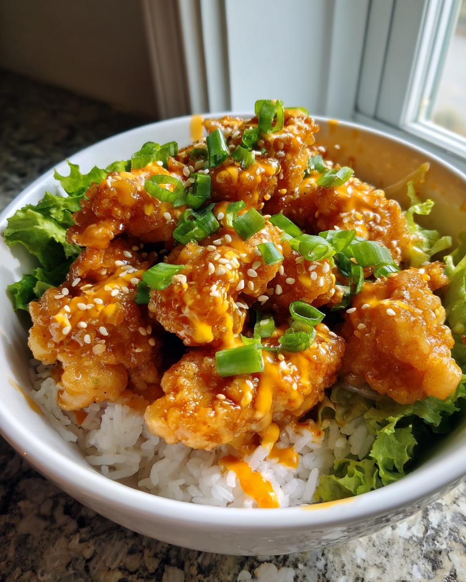 A white bowl filled with white rice, topped with crispy Bang Bang Chicken, lettuce, sauce, sesame seeds, and chopped green onions.